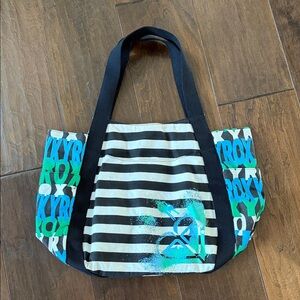 Roxy Striped Black & White Canvas Beach Tote  Bag With Pouches